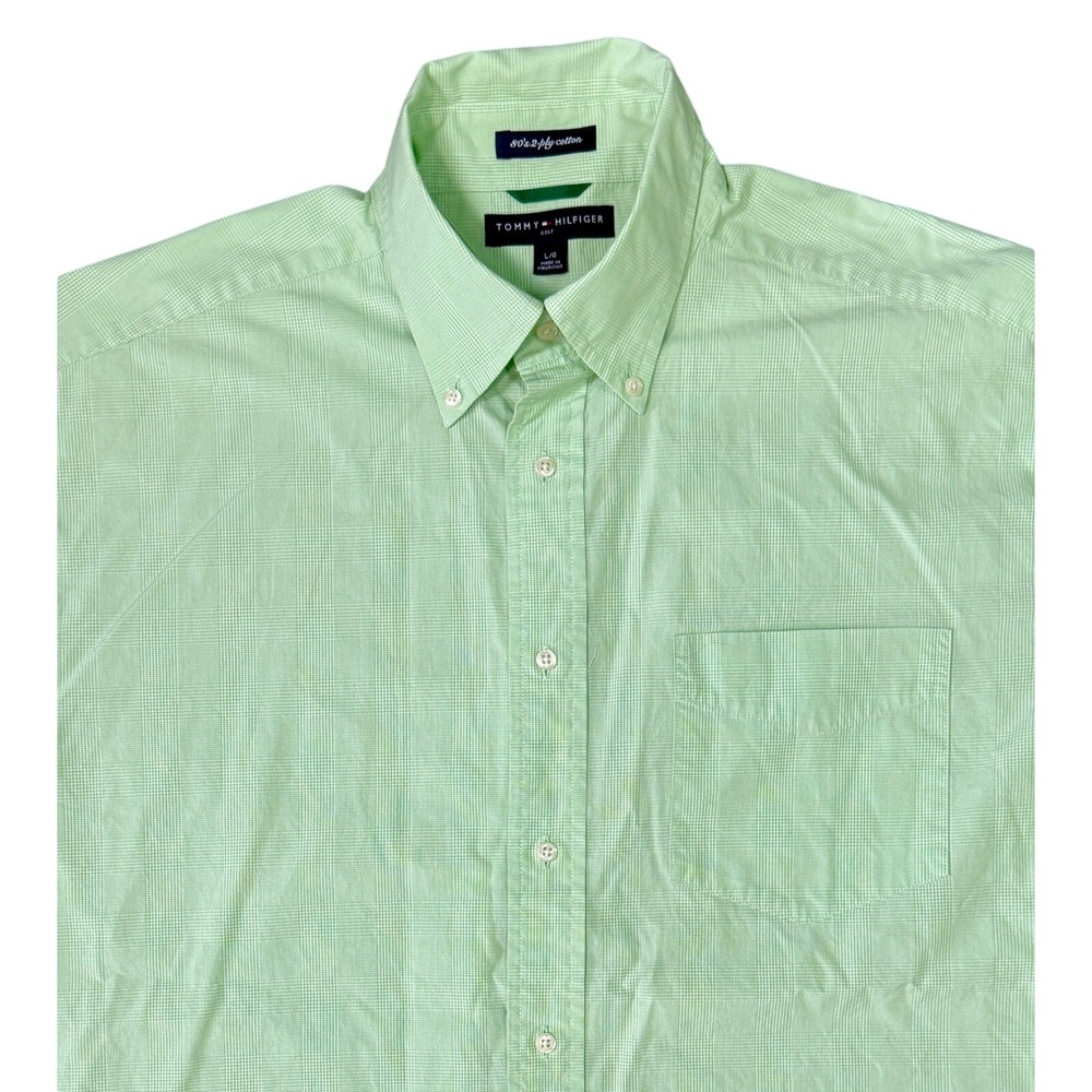 Tommy Hilfiger Golf Mens Large Green Gingham 80s 2-Ply‎ Cotton Button Down Shirt
